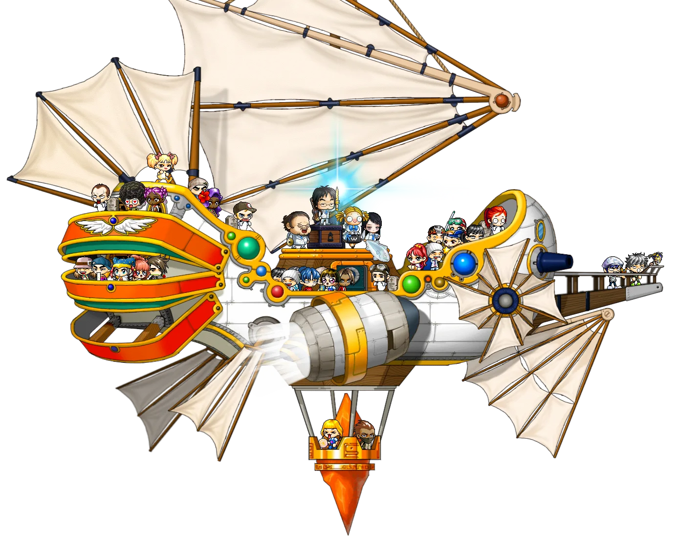 An airship carrying adventurers above the clouds